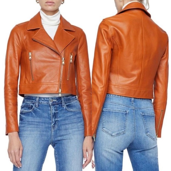 L'AGENCE Onna Cropped 100% Lamb Leather Biker Moto Jacket in Tan Umber NEW Tags